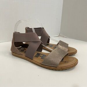 Sorel Ella Sandals Flats Leather Ankle Comfort Travel Taupe Metallic Pewter